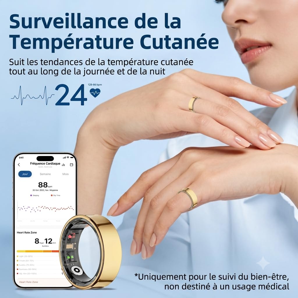 Bague Connectée Femme Homme, Smart Ring Fitness & Sommeil, Suivi Santé 5ATM | Bague connectée dorée, cycle menstruel, température cutanée, fréquence cardiaque, SpO₂, gestes intelligents, Sport, quotidien