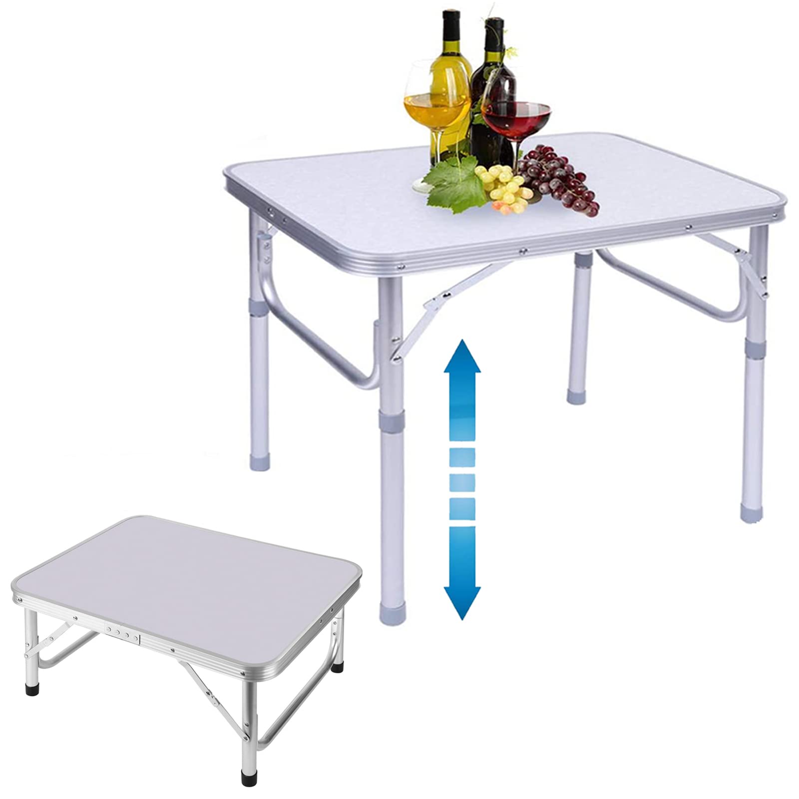 Portable Folding Aluminum Camping Table Height-Adjustable 2FT Compact Garden Table with Carry Handle for Camping Buffet Wedding Market Garden Party Picnic Trestle Indoor Outdoor, L60 x W45 x H26/55CM