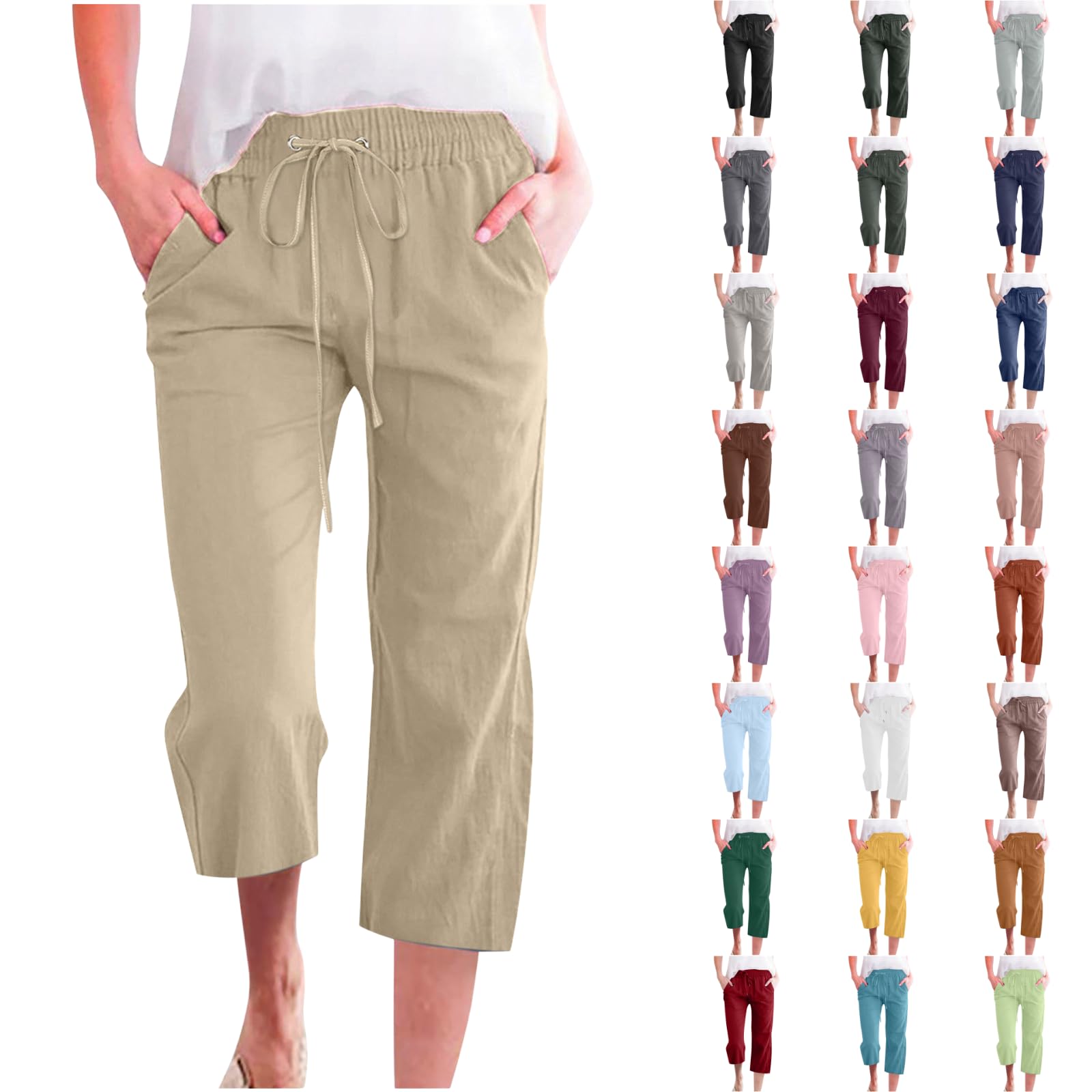 ABABC Linen Capri Pants for Women Casual Straight Wide Leg Capri Pants Loose Drawstring Elastic Waist Cropped Trousers