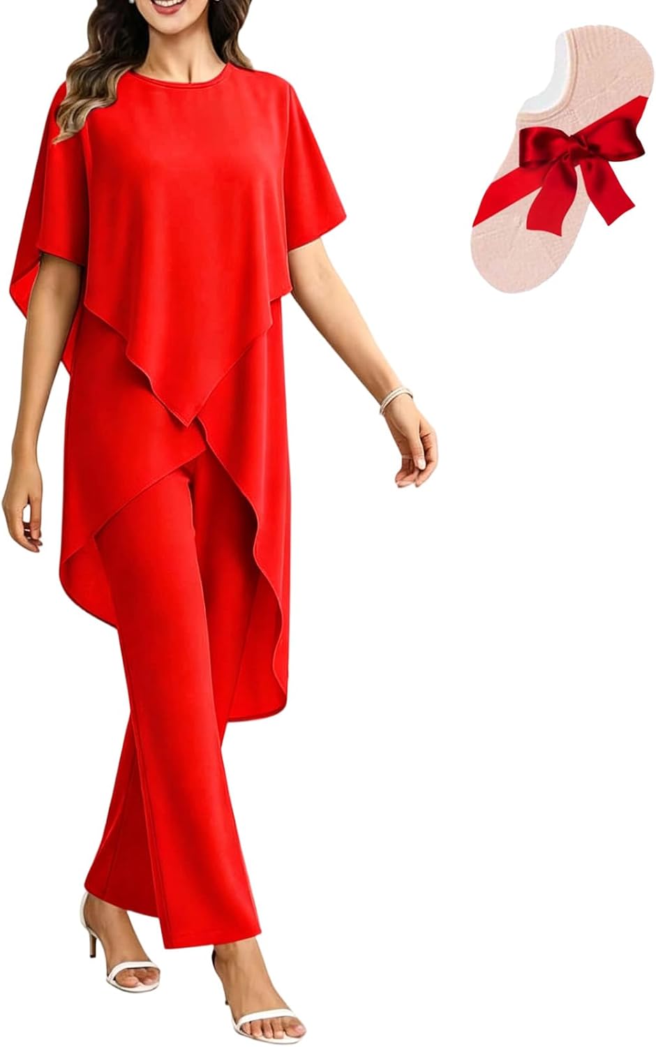 2 Piece Mother of The Bride Pant Suit with Cape Sleeve Flowy Chiffon Layered Top Wide Leg Pants for Wedding Formal Events