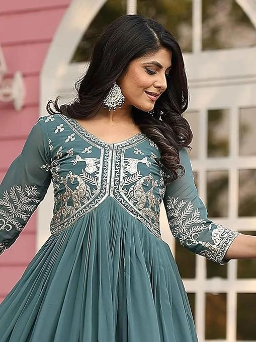 Women’s Georgette Embroidered Anarkali Gown – Elegant Ethnic Long Dress with Sheer Sleeves, Traditional Indian Festive Party