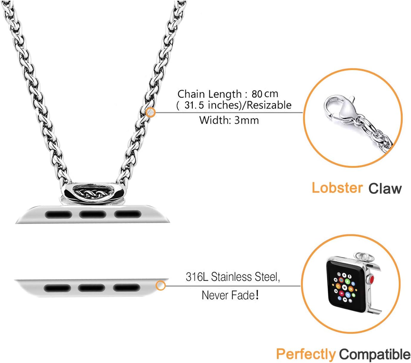 Necklace Adapter Pendant Compatible with Apple Watch, Infinity & Double Loop Connector Comes with 32inch Stainless Rollo Wheat Chain 3mm for iWatch Series 10/9/8/7/6/5/4/SE/Ultra 2/Ultra
