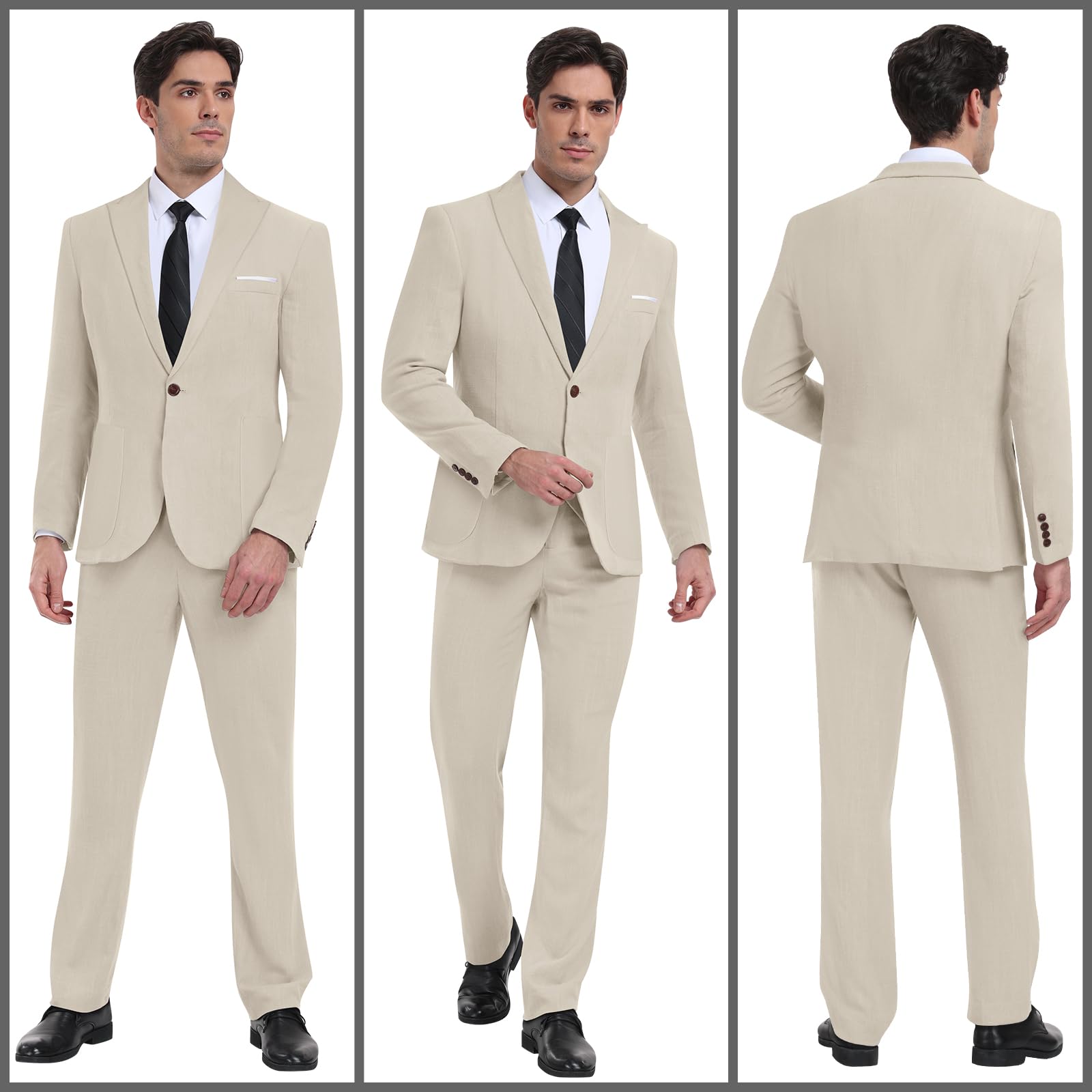 Linen Men Suit Set Casual Tuxedo 2 Piece Regular Fit Blazer One Button Solid Jacket and Pants for Prom Wedding Party