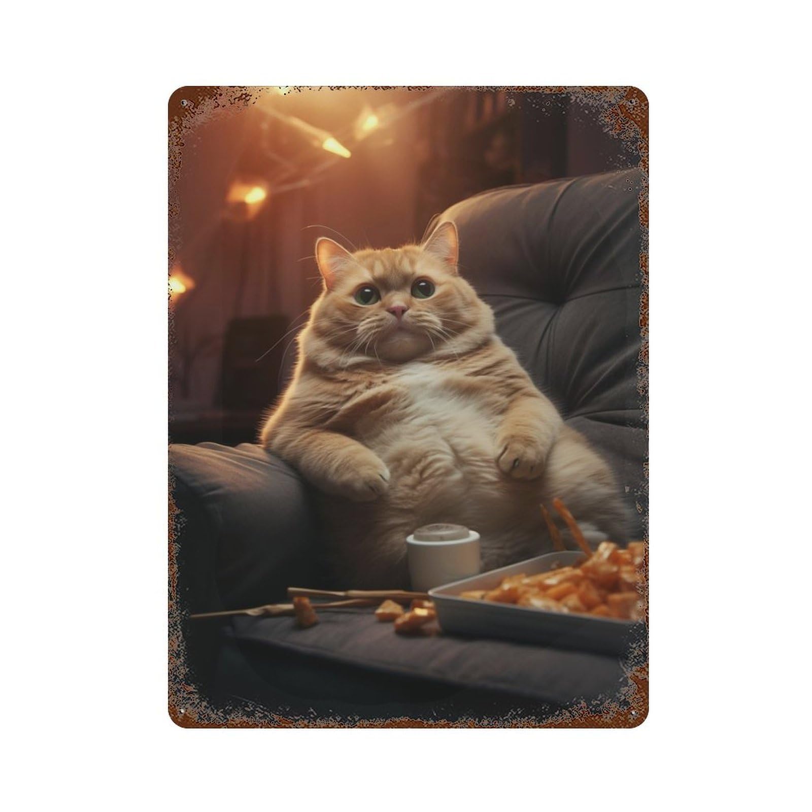 Rust Effect Funny Fat Cat Food Chill Vintage Rust Metal Sign 15.7"x11.8", Classic Wall Plaque for Shed, Workshop And Garage Wall Decor