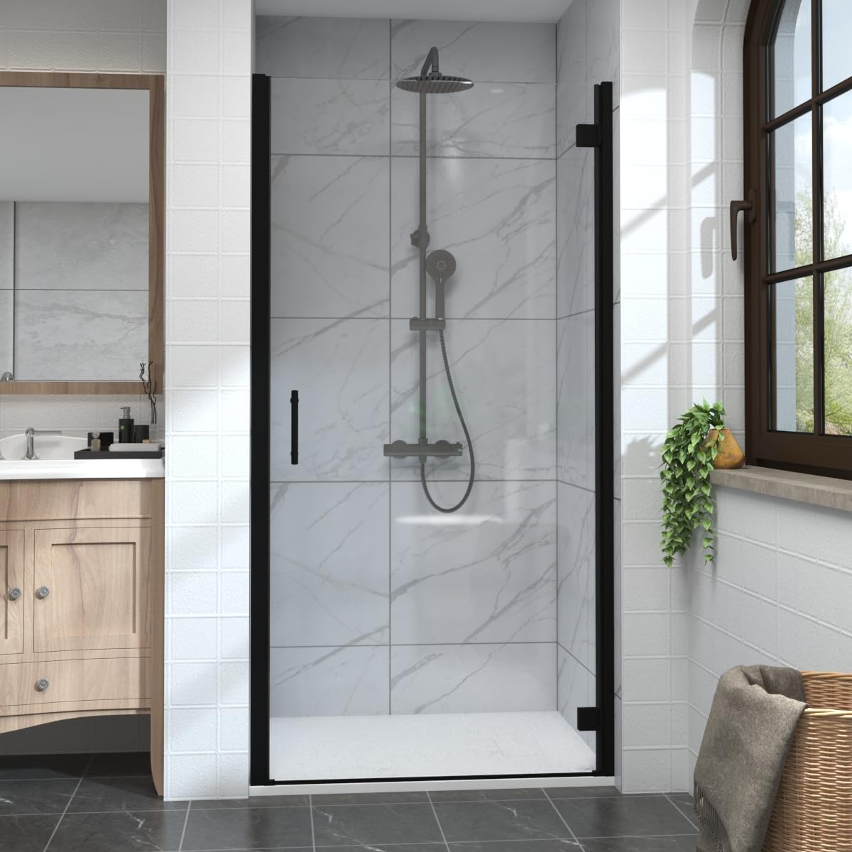 Aquariss 900mm Hinged Shower Enclosure Door Screen for Wet Room Cubicle Black 6mm Toughened Safety Glass with Aluminium Frame