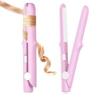 Mini Dual Purpose Curling Iron, 2 in 1 Mini Curling Wand & Flat Iron Hair Straightener, Portable Travel Curling Wand, Small Curling Iron for Women Short Hair, Hair Straightener (Pink)