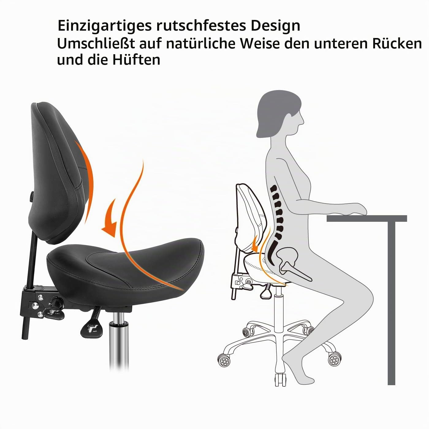 Sattelhocker mit Rückenstütze, hydraulischer Drehgelenk, verstellbarer Hocker für Salon, Spa, Massage, Klinik