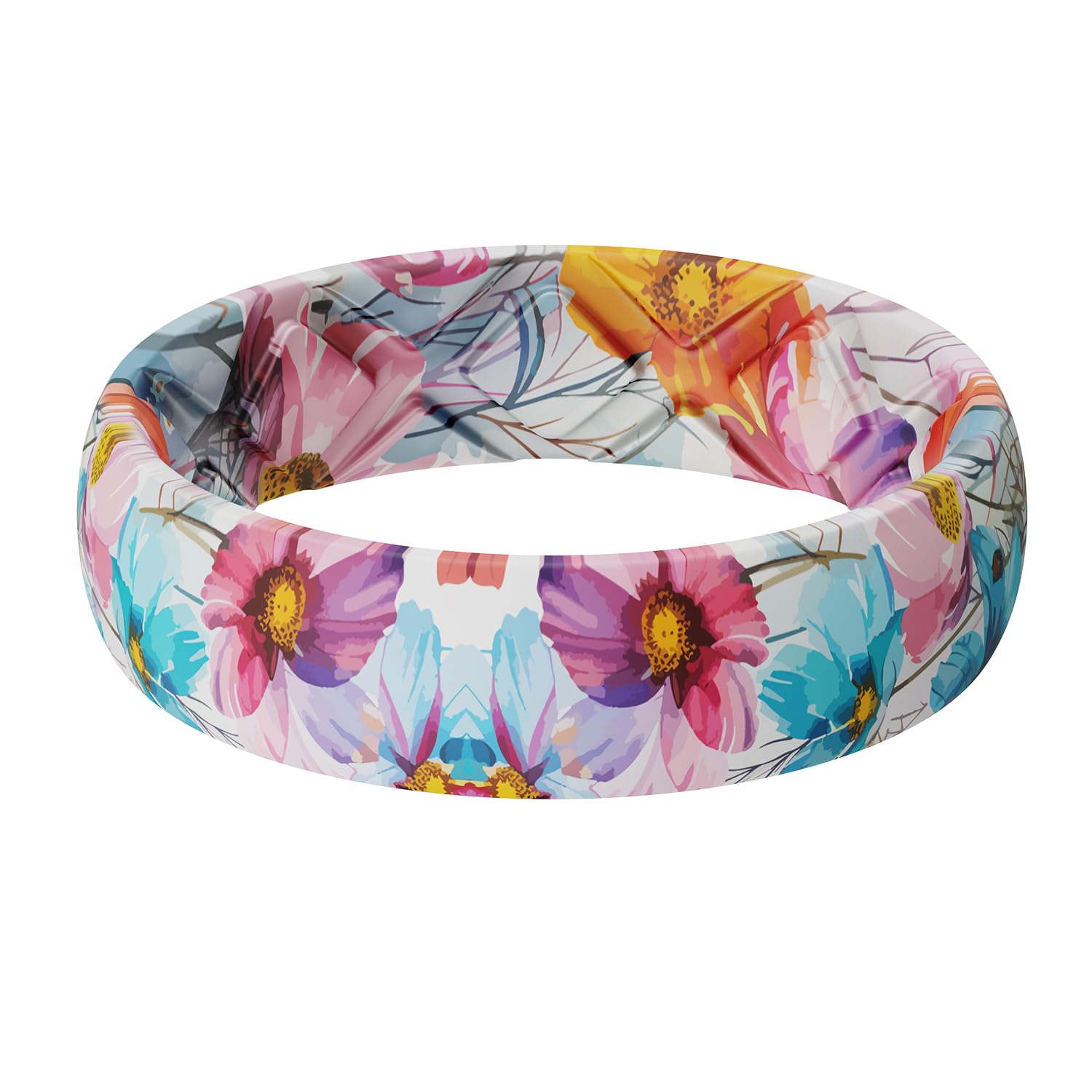 Egnaro Women's Silicone Statement Rings, 5.2mm Wide 2mm Thick Rubber Printed Floral Wedding Bands For Her Size 4-12