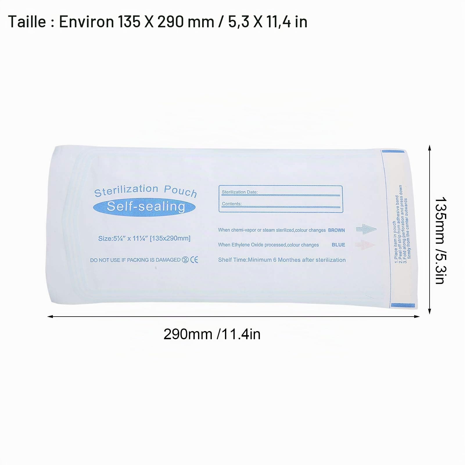 200 pièces/boîte Pochettes de Stérilisation, Sacs Autoclaves, Sachets de Stérilisation Auto-Adhésifs, Pochette de Nettoyage Auto-scellante pour Matériaux Dentaires (135 x 290 mm)
