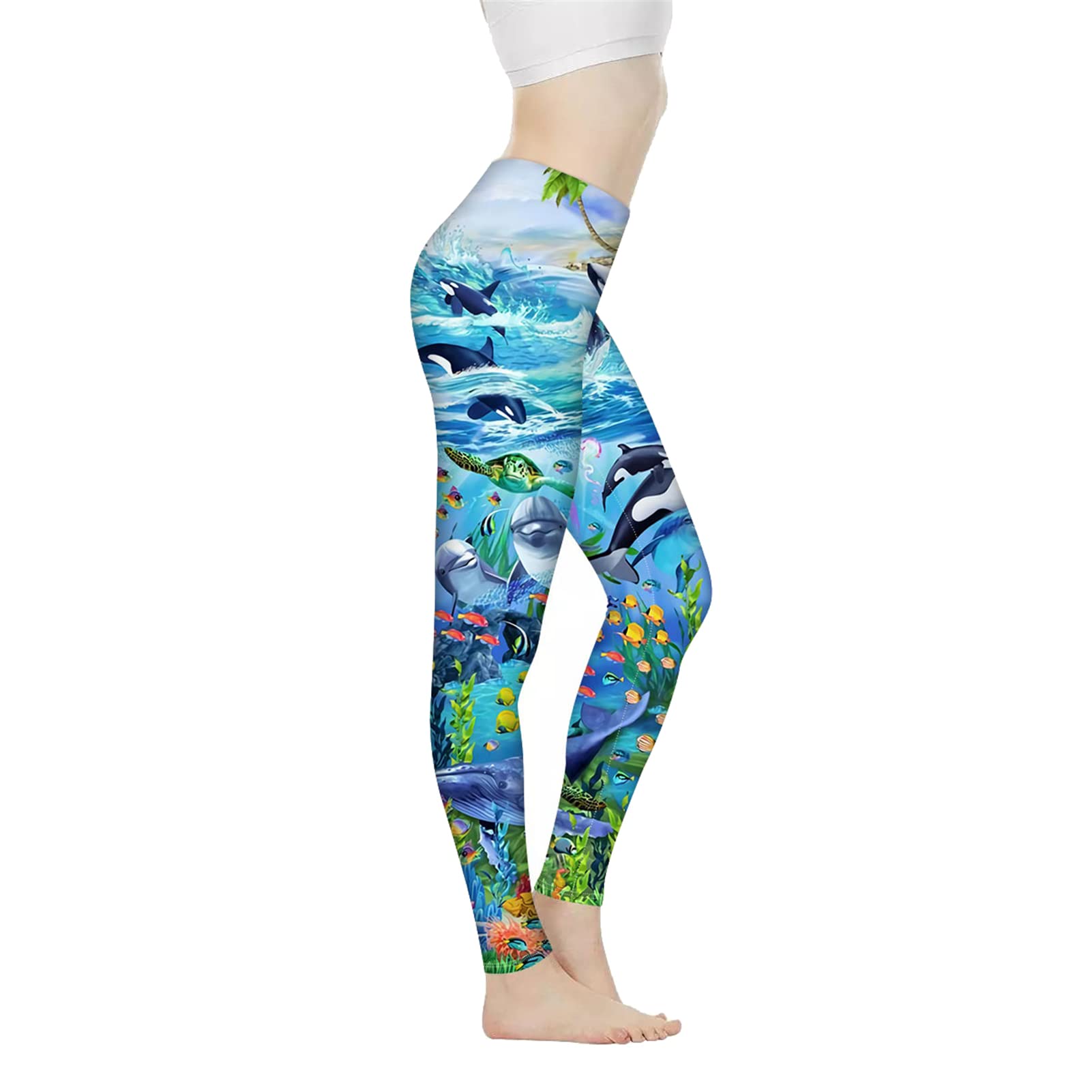 Biyejit Women's Ocean Dolphins Ocean Life Dolphins Print High Waist Yoga Pants For Tummy Control Workout Pants Stretch Leggings