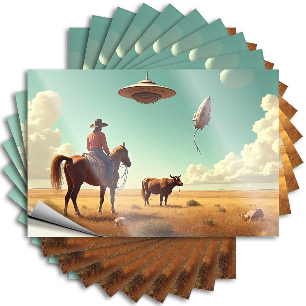 Quote Feminist Funky Room Decor Waterproof - Cowboy On Horseback in A Futuristic Landscape Hat Self Adhesive Decal for Ideas Use(8X12CM)