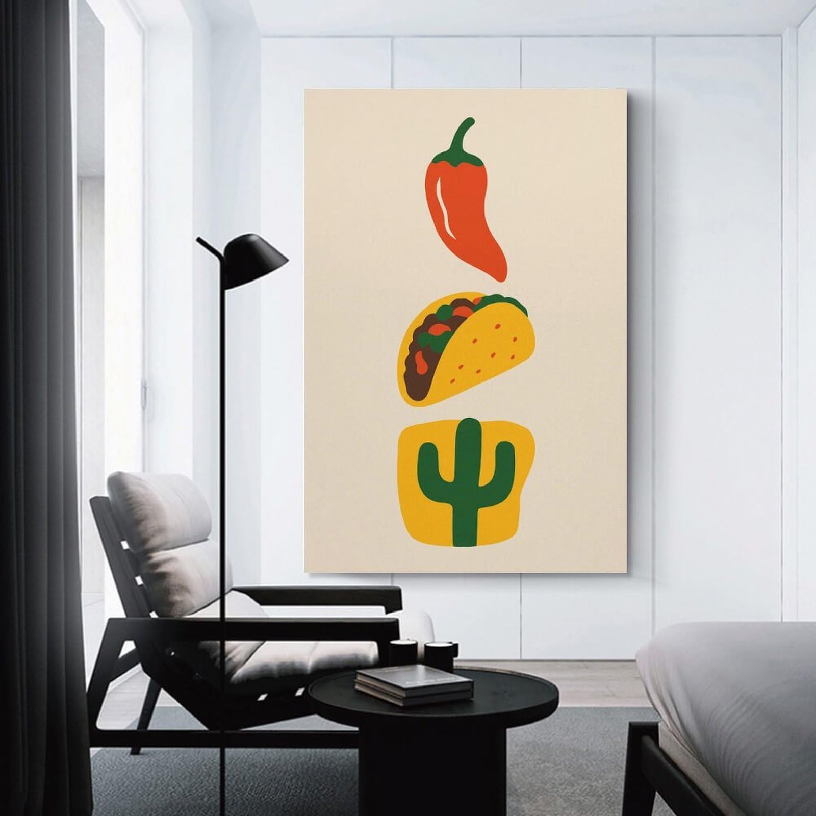 Junmoney Decorative Canvas Print Mexican Food Icons Pepper, Taco, Cactus, 24x36inch(60x90cm), for New Homes, Bedrooms Or Workspaces, A Wall Art Gift for Fresh Interiors