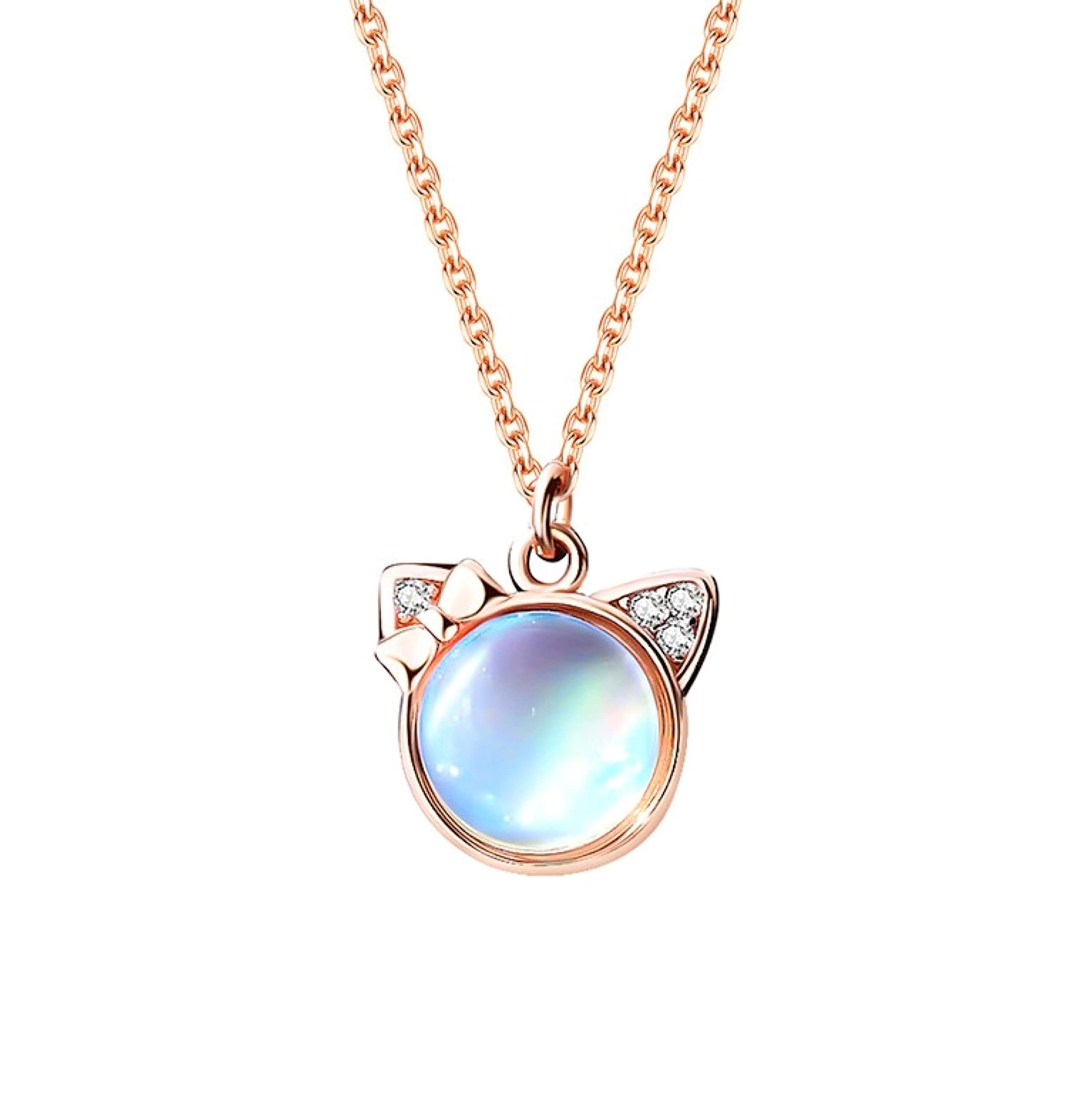 Bellitia Collana Con Ciondolo Gatto In Pietra Di Luna - Argento Sterling 925 Placcato Oro Rosa, Regalo San Valentino