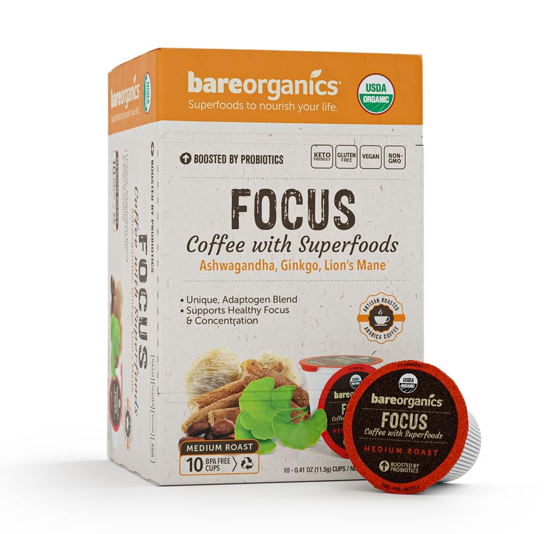 Focus Coffee with Superfoods - Organic Probiotic Mushroom Coffee Pods, Supports Healthy Focus & Digestion, Infused with Ashwagandha, Lion's Mane, and Cinnamon - 10 Recyclable Single Serve K-Cups