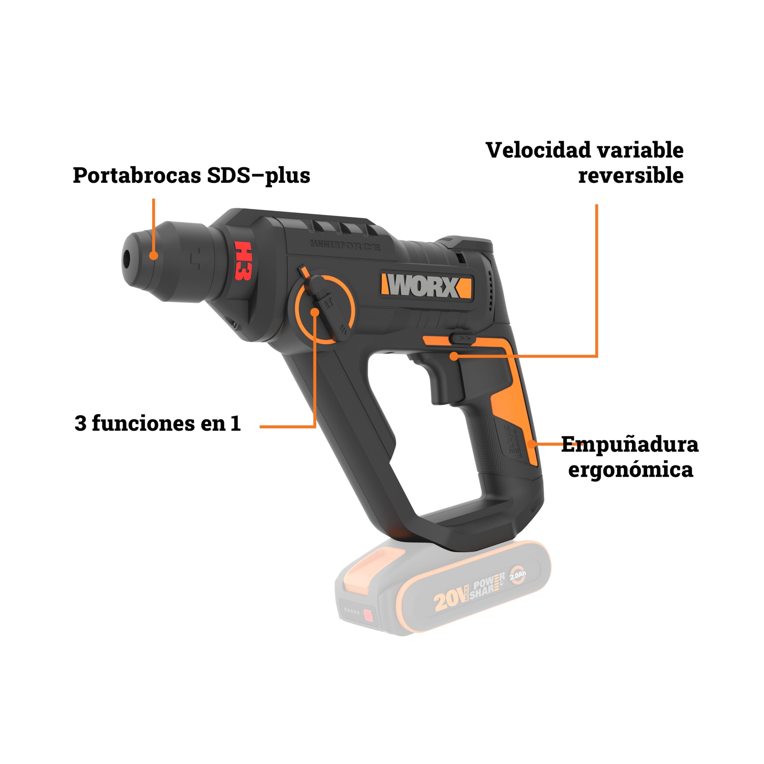 WORX WX391.9 Martillo perforador inalámbrico 20V, 1,2J, SDS-PLUS perforación rápida en hormigón, 3 funciones en 1, incluye 10 brocas para hormigón, madera y metal, sin batería ni cargador
