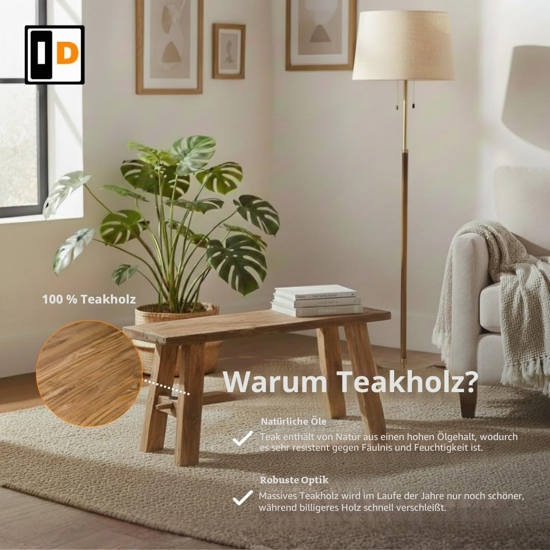Teakholz Bank 60 cm | Natur | Rustikale Massivholzbank aus Altem Teakholz | Handgefertigte Sitzbank ohne Lehne | Deko Holzbank für Flur, Wohnzimmer & Schlafzimmer