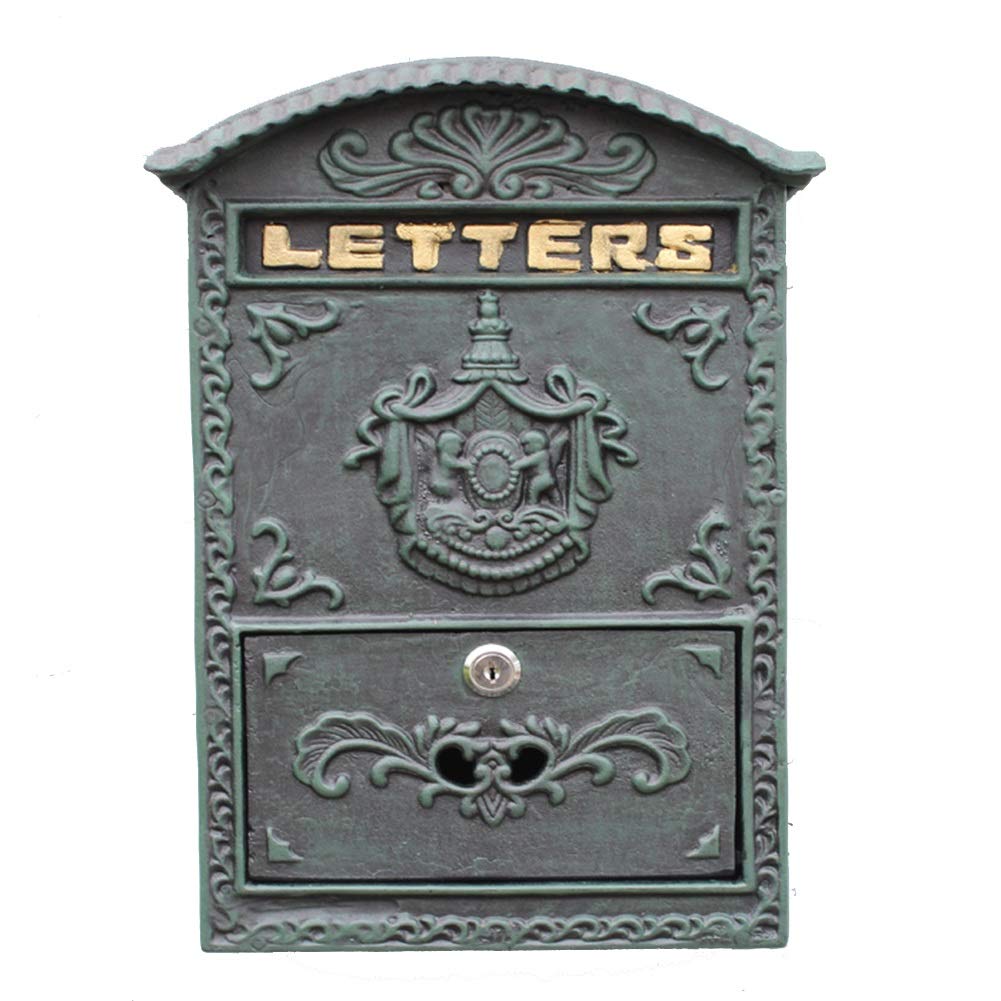 Zhangqiying Green Mailbox Wall Mount Letterboxes Cast Iron Post Box Dark Wall-Mounted Mailbox Wrought Iron Letter Box Anthracite Retro Outdoor Rainproof Decorations Newspaper Box