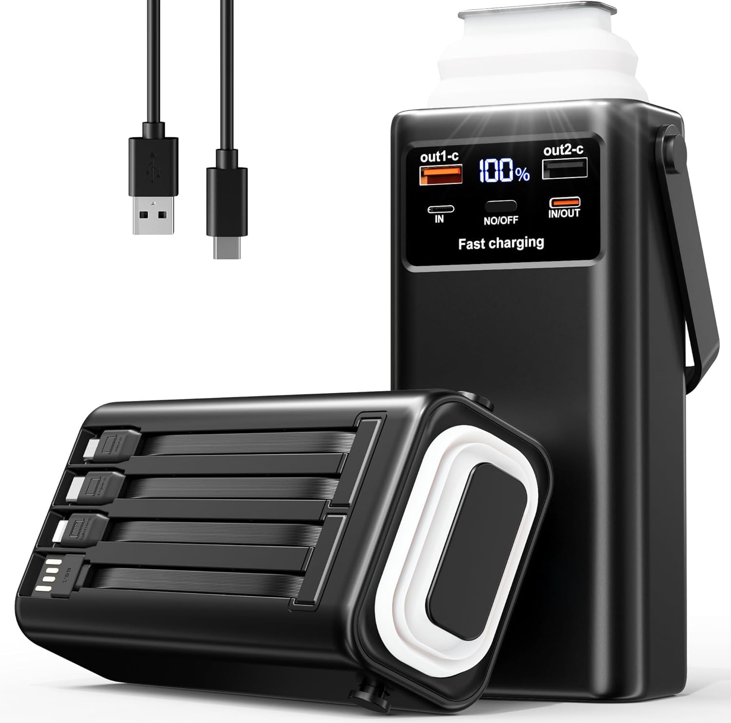 Power Bank 52800mAh PD 35W High Capacity Battery Pack with Built-in 4 Cables LED Flashlight - 8 Port