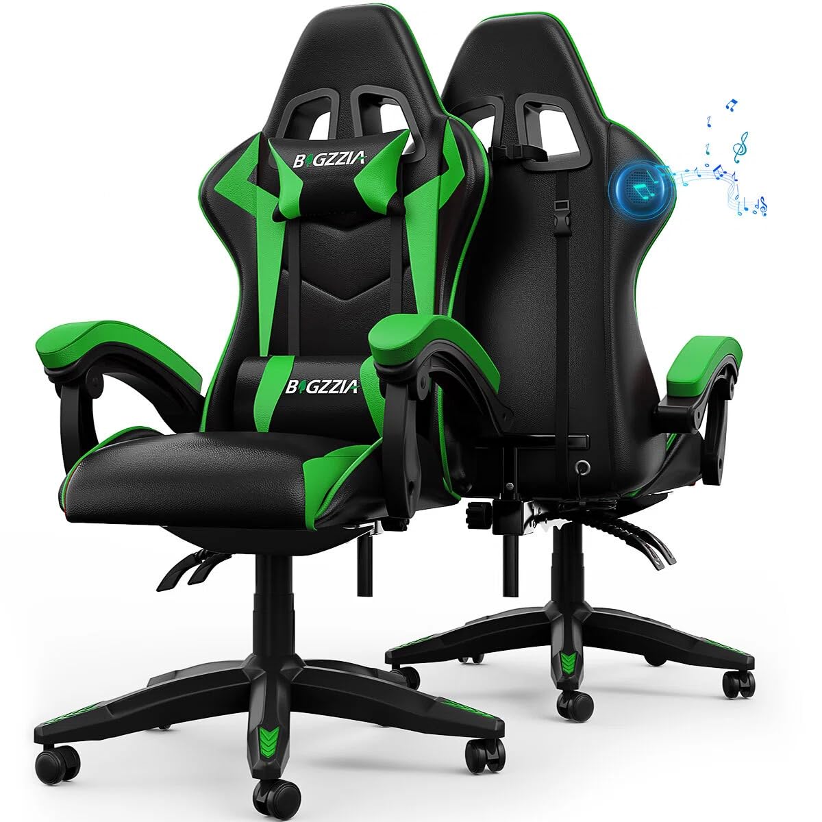 bigzzia Ergonomic Gaming Chair with Speakers - Gamer Chairs with Lumbar Cushion + Headrest, Height-Adjustable Office & Computer Chair for Adults (with Bluetooth Speaker, Green)