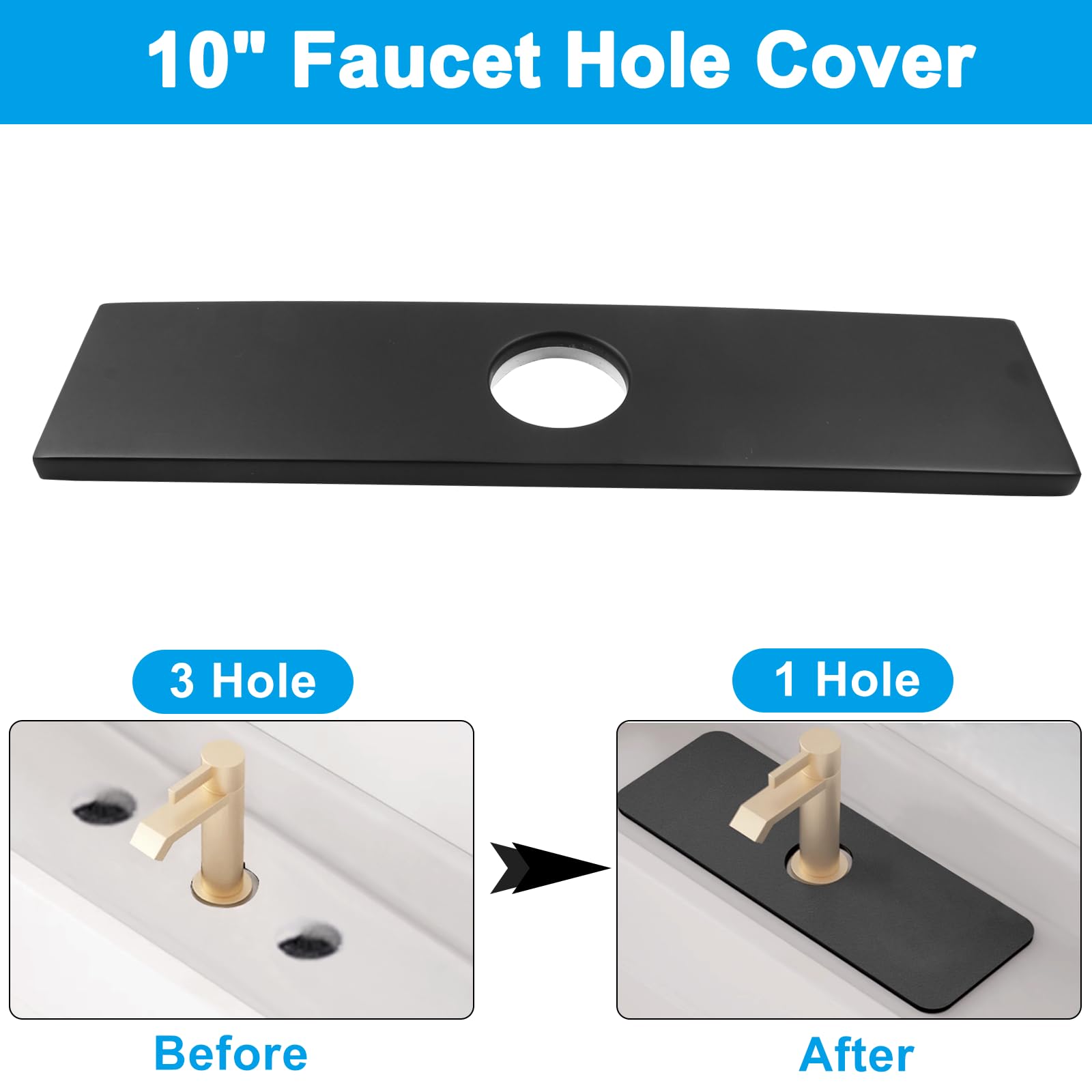 Biaungdo Piastra di copertura per fori da 25,4 cm, piastra di copertura per rubinetto del bagno in acciaio inossidabile nera opaca piastra di copertura per rubinetto da bagno rettangolare per