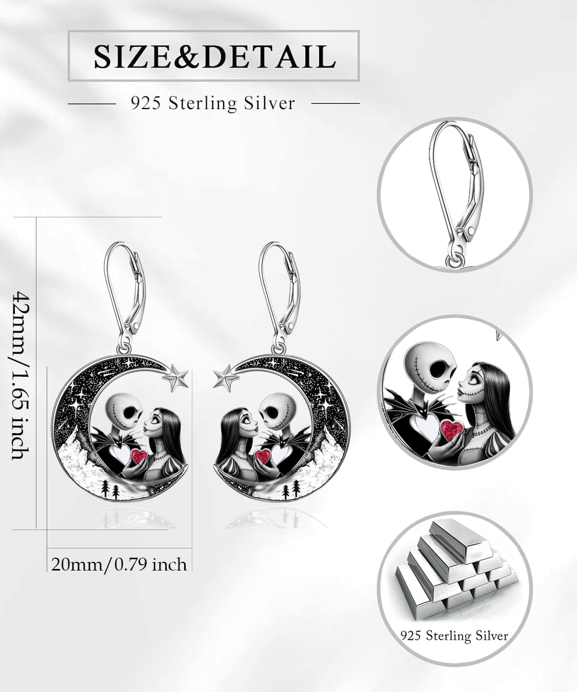 Jack and Sally Earrings 925 Sterling Silver Nightmare Dangle Earrings Halloween Jewelry Gifts for Women