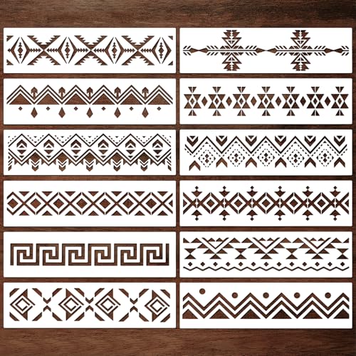 JSRQT Lot de 12 Pochoirs Style Aztèque Peinture,Modèles pour Dessin Réutilisable DIY,Pochoirs à Motifs Muraux Bordures Bohème pour...