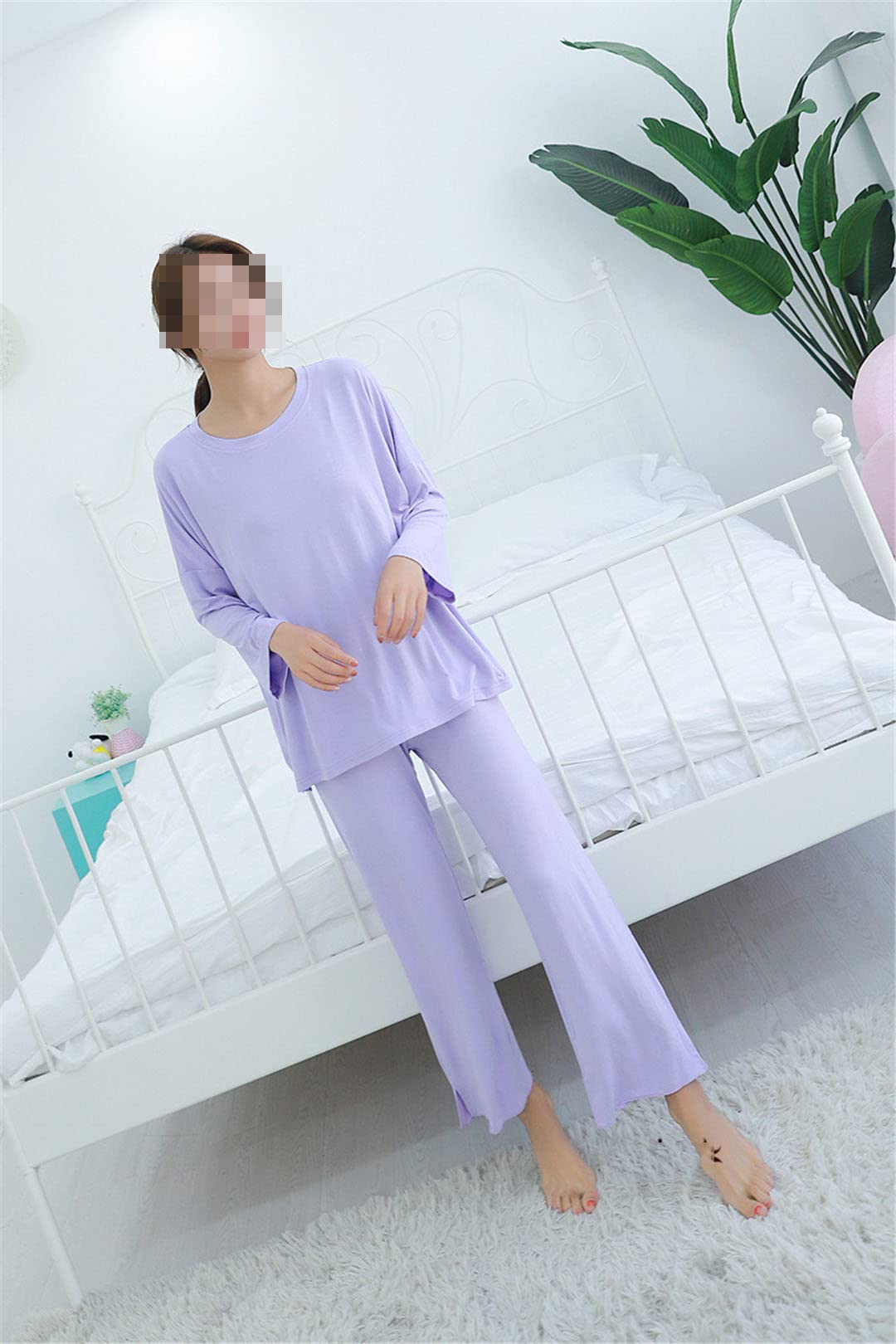 Conjunto de pijama de manga larga de algodón modal cómodo otoño e invierno para mujer, Negro, XXL