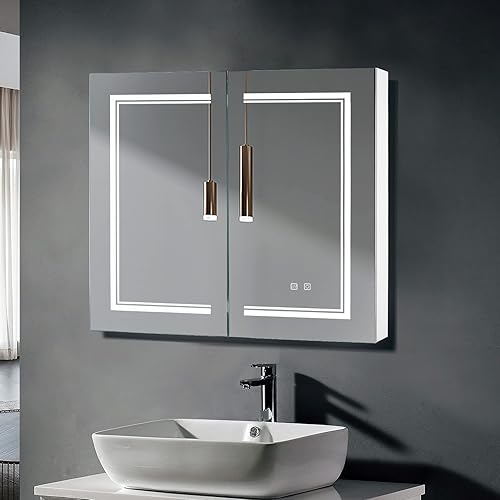 Botiquín iluminado con espejo armario de pared LED para baño con espejo antivaho y tablero OSB 2 puertas iluminación de 3 colores brillo ajustable