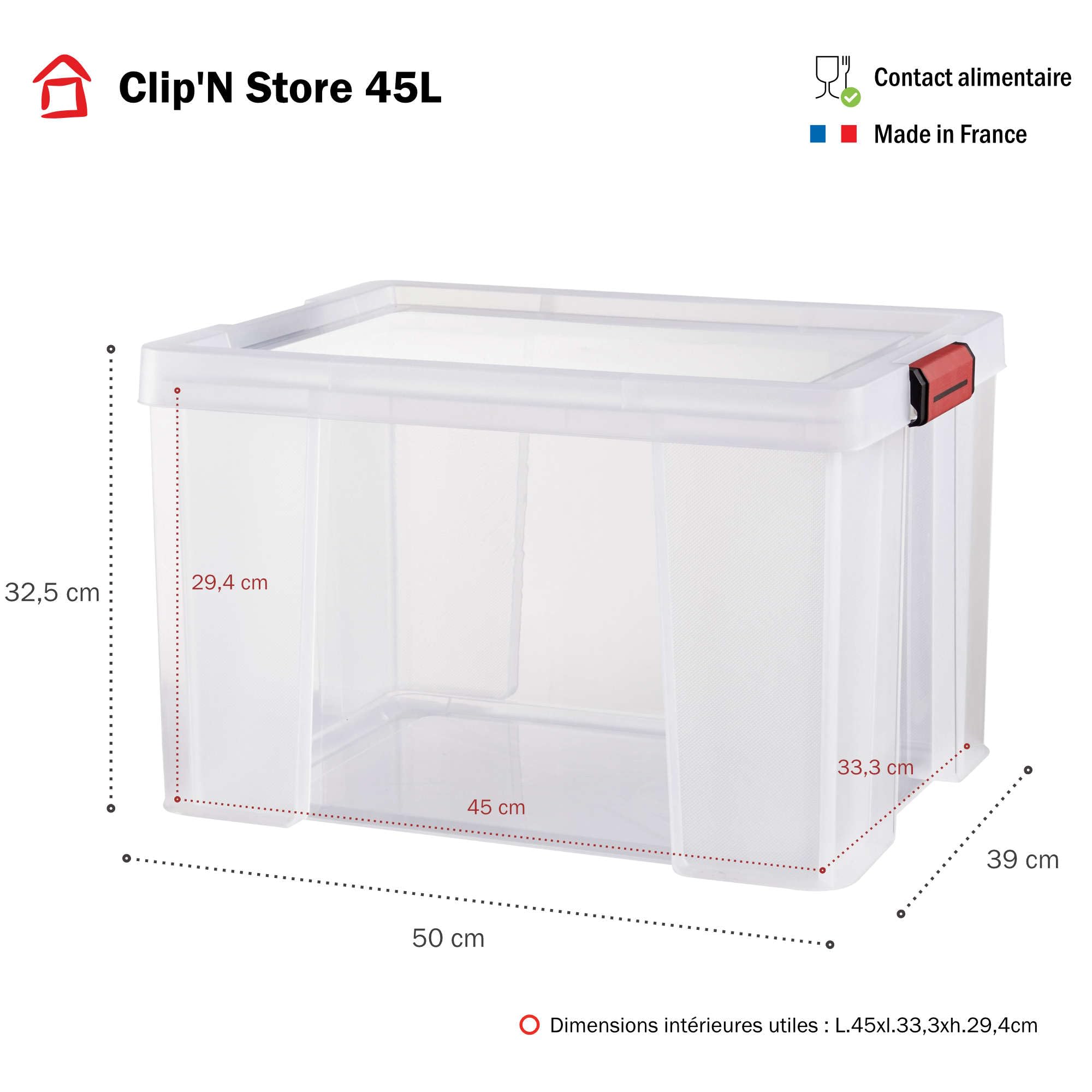 SUNDIS Clip’N Store, boîte de rangement plastique avec couvercle 45L, x3 | Robuste, transparente, apte au contact alimentaire, parois droites, clips de fermeture, superposable et combinable