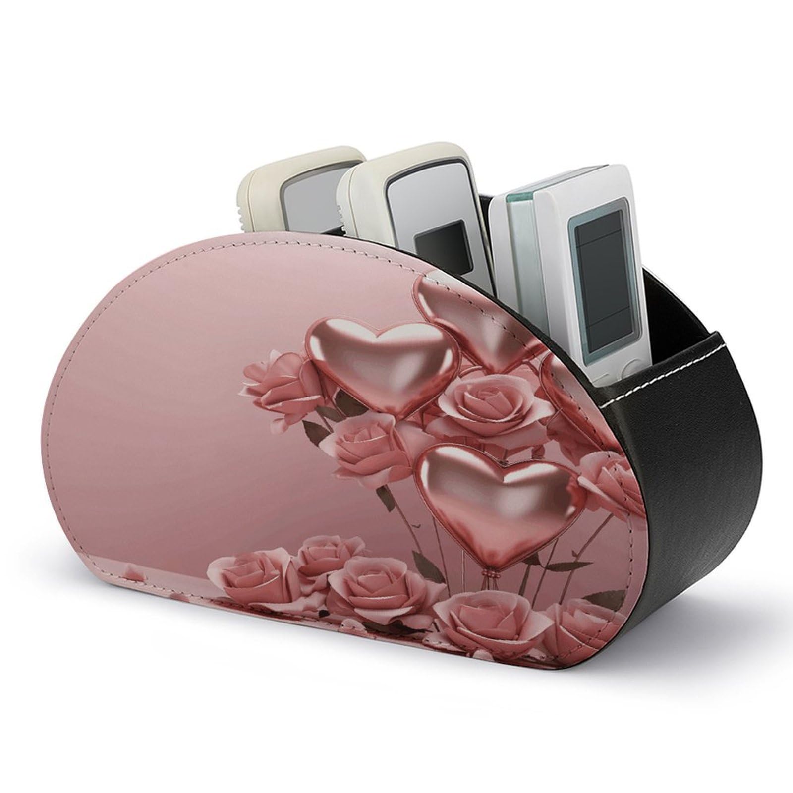 JTREHY Pink Rose Balloon Heart Remote Control Holder 5 Compartments Remote Caddy Tray PU Leather TV Remoter Storage Box Bedside Table Storage Organizer Office Desk Storage Case