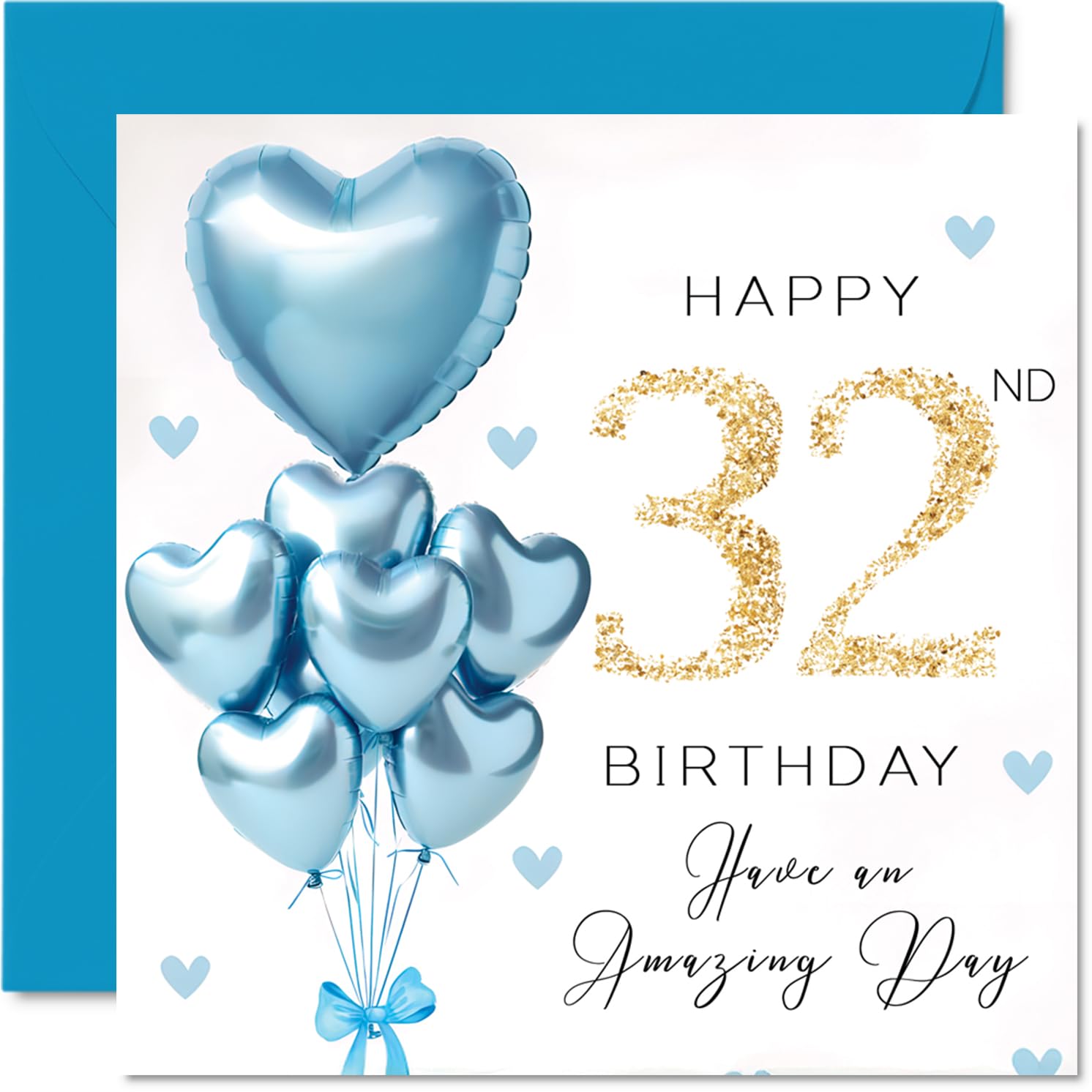 32nd Birthday Cards for Men, Blue Glitter Balloons