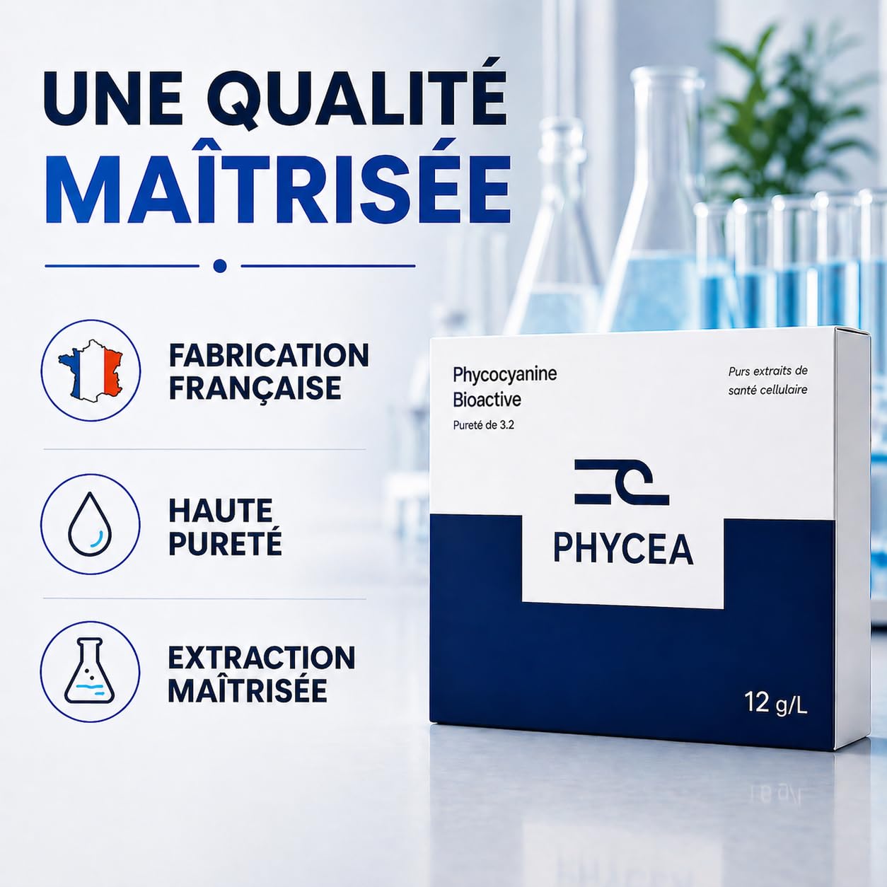 Ficocianina francesa Premium 12000 mg/L – Deporte y rendimiento – Alta concentración – Dosis optimizada – Espirulina azul – 100% natural – Phycéa 12 manzana (manzana)