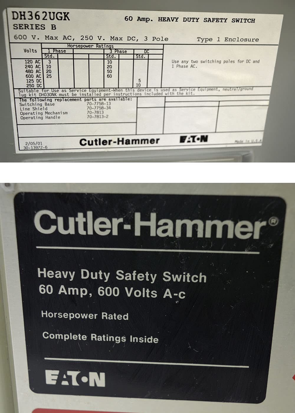 CUTLER HAMMER DH362UGK 60A 600V 3P 3Ph N1 NonFused