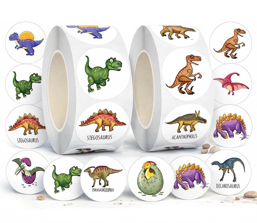 Dinosaur Stickers Roll Set – 1000 PCS Kids Reward Dinosaur Stickers 2 Rolls with 12 Designs – Self Adhesive Craft Stickers for Classroom Chart Party Bags DIY Projects – Colourful Dinosaur Wall Sticker