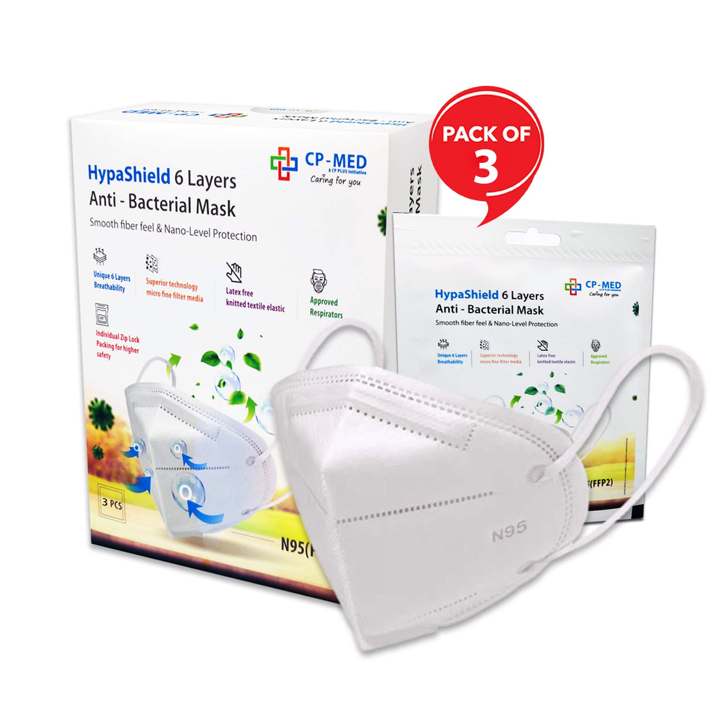 CP-MED™ by CP PLUS N95 FFP2 HypaShield 6 Layered Anti Bacterial Face Mask - Ear Loop Style (Pack of 3) (B08FTLSTFG) Amazon Price History, Amazon Price Tracker