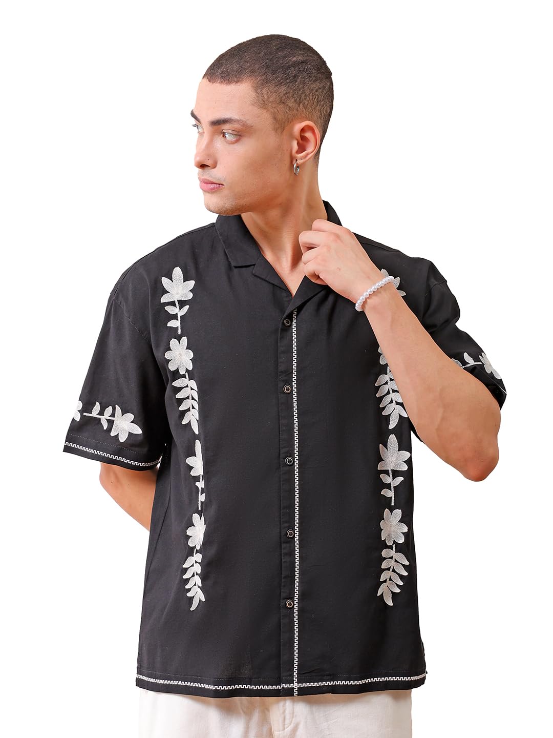 the indian garage co Men Relaxed Fit Placement Embroidered Half Sleeves Cuban Collar Resort Wear Shirt-picture-53