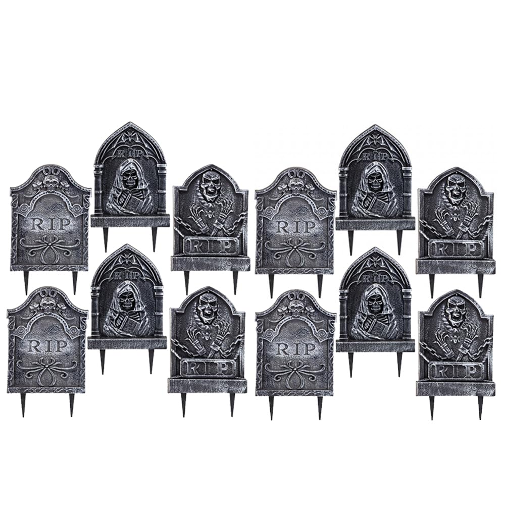 I LOVE FANCY DRESS Tombstone Halloween Decoration - Pack of 12 - Spooky Gravestone Props with Assorted Designs - Easy-to-Use Scary Haunted House Graveyard Trick or Treat Halloween Decorations