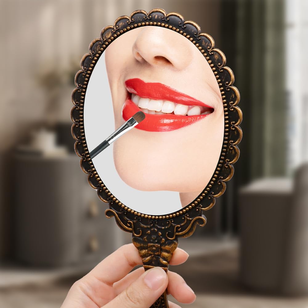 3 Pezzi Specchio a Mano, Specchio per Trucco Con Maniglia, Specchio Vintage Floreale in Rilievo, Mini Specchio Ovale su un Solo Lato per Ufficio Di Viaggio (Nero, Oro Rosa, Bronzo)