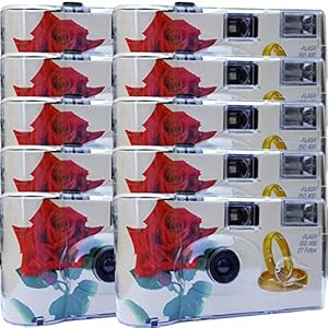 10 x Photo Porst trouwcamera / wegwerpcamera “rode roos + ringen” (Duitse handleiding, met flitslicht en batterijen, elk 27 foto’s, ISO 400 Fuji)