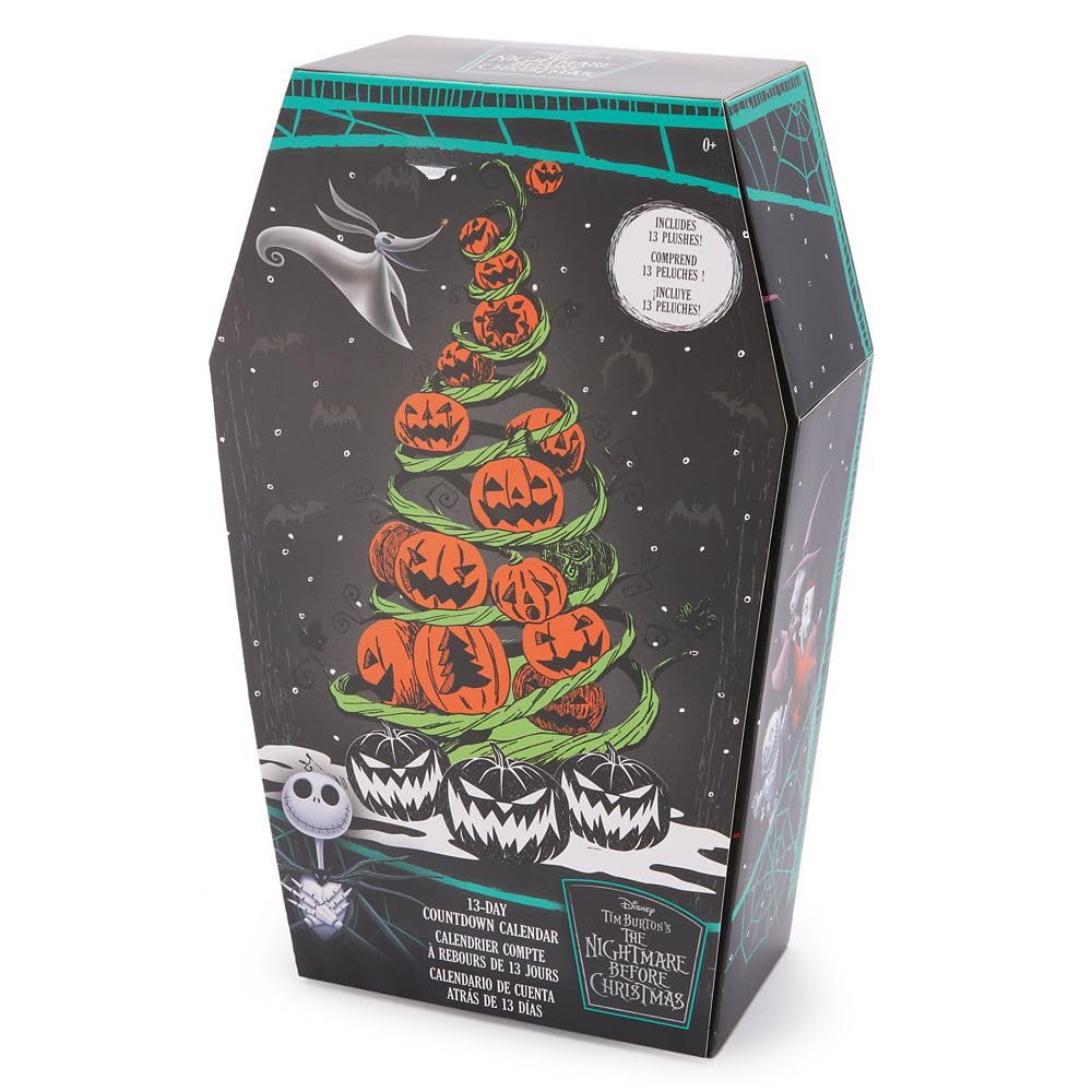 Disney Store Calendario oficial de cuenta regresiva de Halloween de 13 días de Pesadilla antes de Navidad, incluye 13 mini juguetes de peluche de Disney con Santa Jack Skellington, Sally, Zero, Oogie