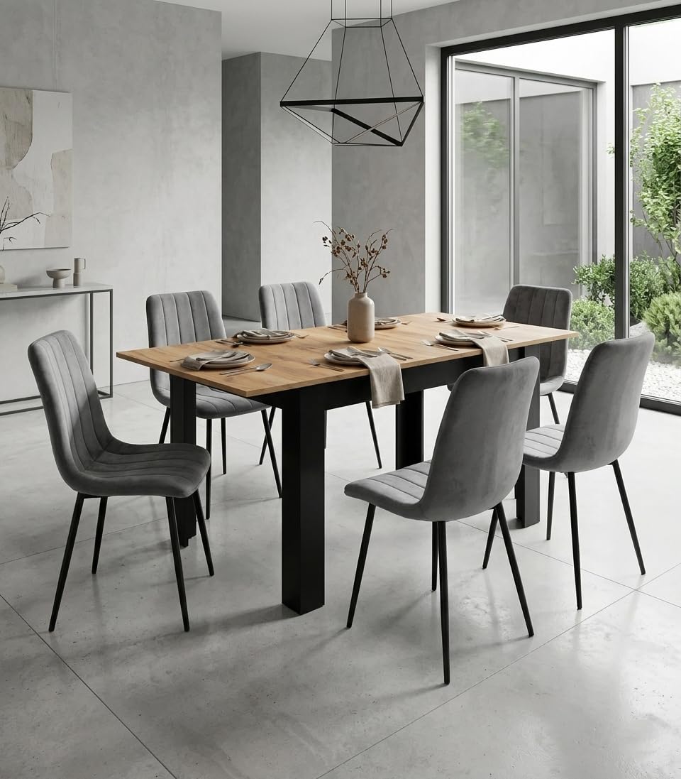 Tavolo da pranzo allungabile 120-160 x 80 cm, tavolo da cucina, tavolo da pranzo, con ripiano, telaio nero, effetto legno, cucina, sala da pranzo e soggiorno, colore: rovere artigianale