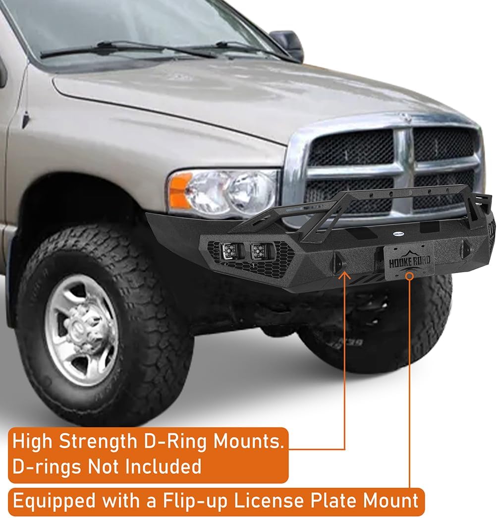 Hooke Road Front Bumper for 2003 2004 2005 Dodge Ram 2500 3500 (Exclude Diesel), Rock Crawler with Winch Plate, D-ring Mounts