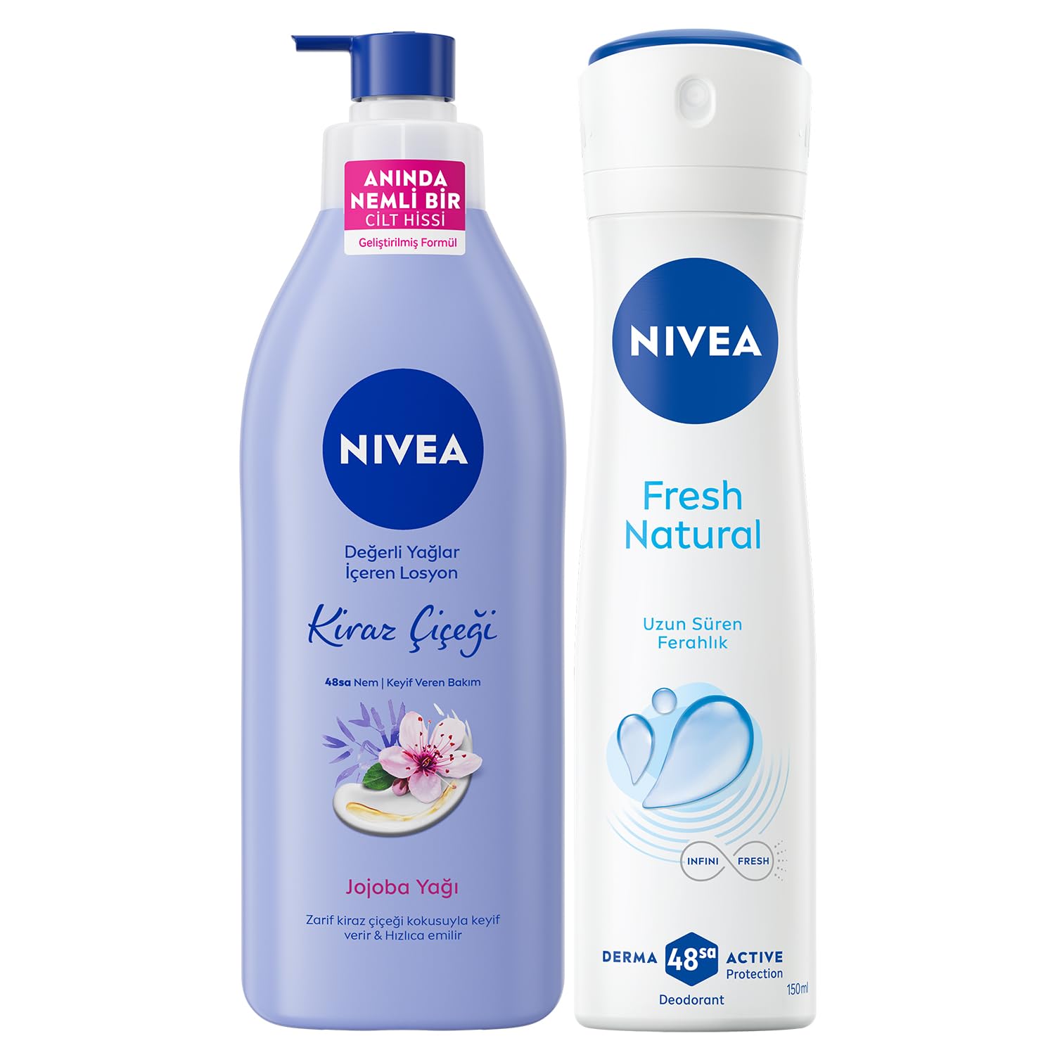 NIVEA Değerli Yağlar İçeren Vücut Losyonu Kiraz Çiçeği & Jojoba Yağı, 400 ml + NIVEA Kadın Sprey Deodorant Fresh Natural 150 ml