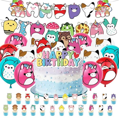 46PCS Cartoon Birthday Party Decorations, Party Supplies Include Birthday Banner Cupcake Toppers Latex Balloons Cake Topper Kids Boys Girls