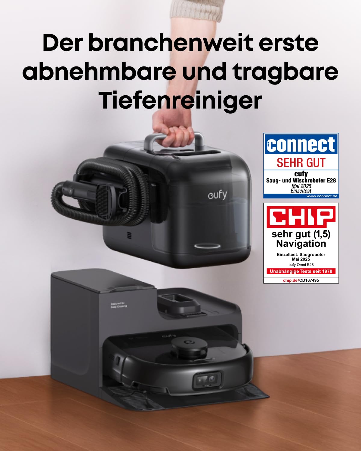 Robot sprzątający z mopem eufy E28(odnowiona) Omni, system HydroJet, z przenośnym urządzeniem do gruntownego czyszczenia dywanów, moc ssąca 20 000 Pa, zero splątań, gruntowne sprzątanie rogów