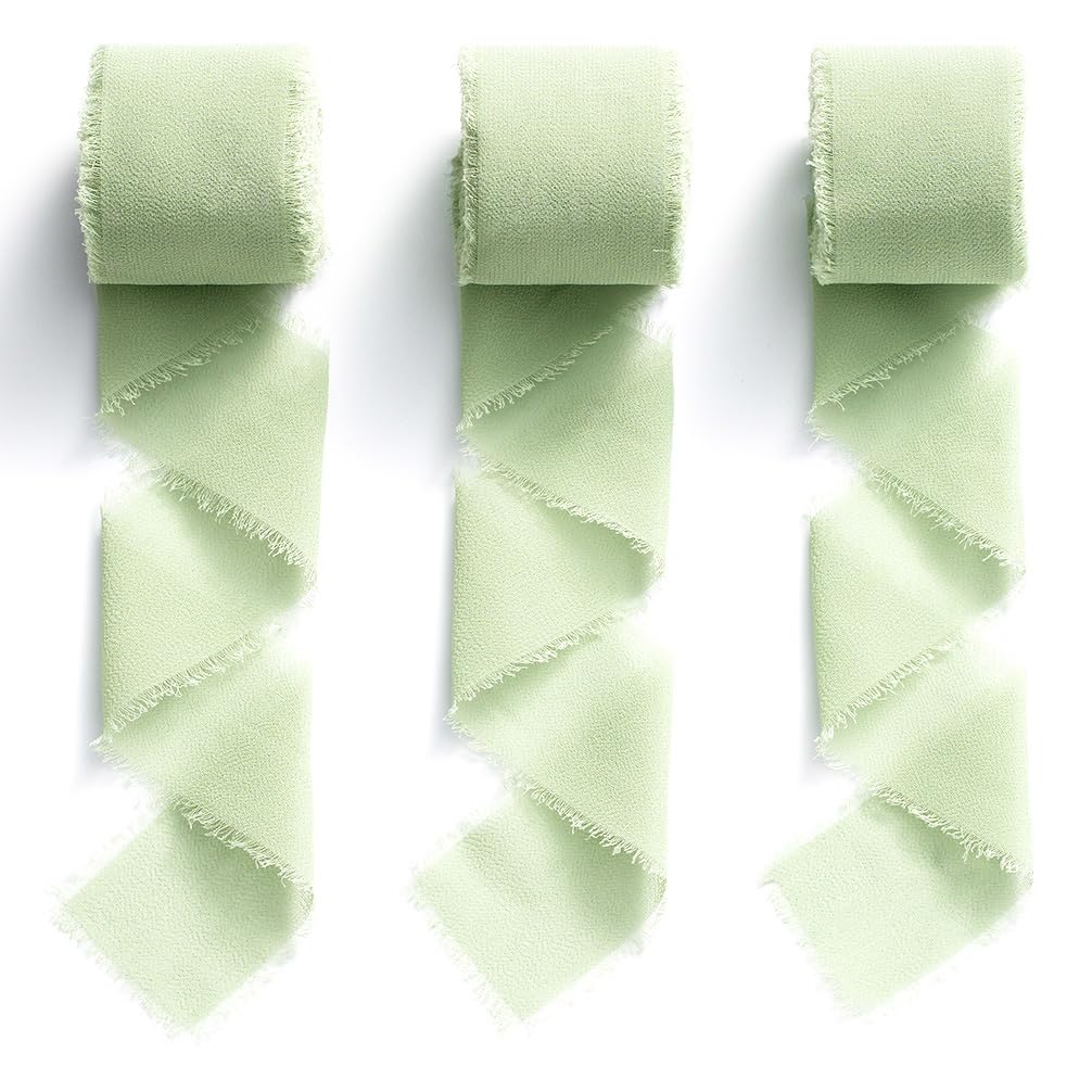 MORSUNBELA Chiffon Ribbon Green Ribbon Gift Ribbon Fabric Ribbon 1.5 inch x 19.2 m Fringe Ribbon Sage Green