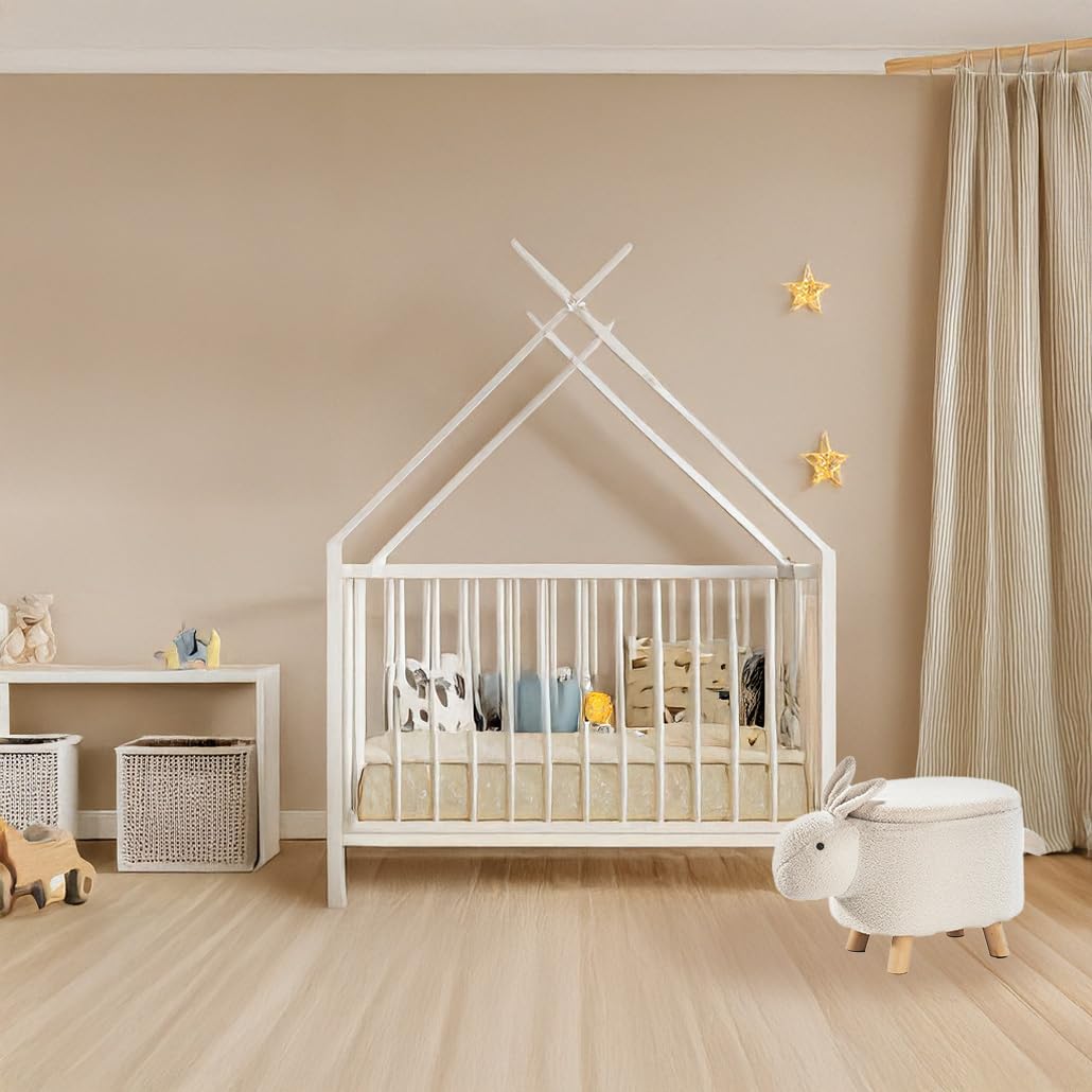 Kobolo Hocker Bunny | weiß 60x35x37 cm | Tierhocker mit Staufach | Bouclé-Teddystoff | Flauschige Sitzgelegenheit & Aufbewahrung im Tierdesign für Kinder