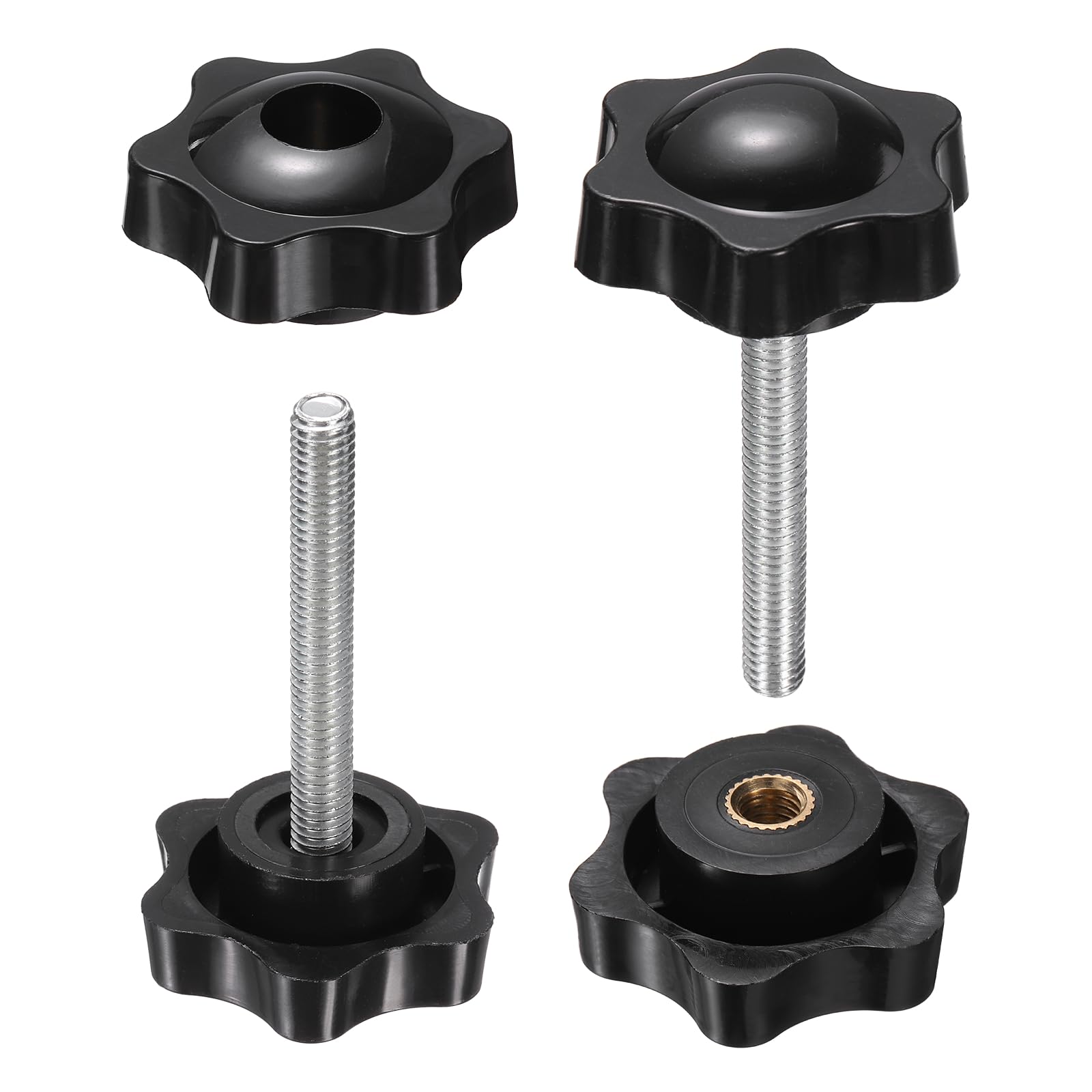 sourcing map 2 Set Star Knobs M6 x 40mm Male + M6 Female Thread 38mm Head Metric 6-Star Threaded Stud Clamping Handles Screw in Through Hole Hand Jig Knob Thumb Screws, Black