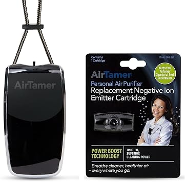 AirTamer A320 Rechargeable Personal Air Purifier with Replacement Negative Ion Emitter Cartridge and Leather Travel Case Black