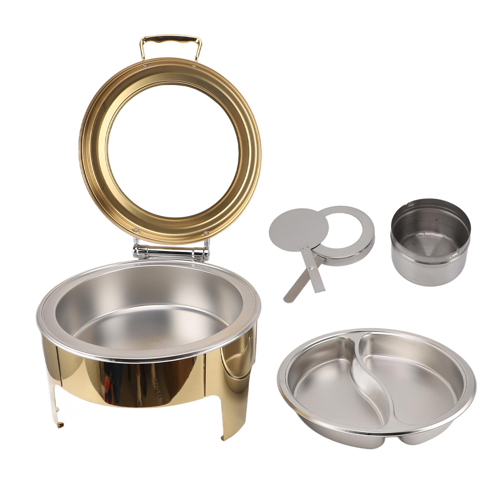 Cocoarm Plato de Frotamiento Redondo para Buffet Calentadores de Comida para Buffet Redondos de Acero Inoxidable 6L Visual Dorado Tapa Abatible de 90 Grados Calefacción con Alcohol para Hotel,